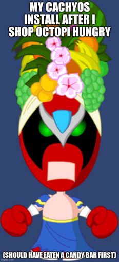 strongbad dressed like Carmen Miranda (fruit headdress) "my cachyos install after i shop octopi hungry (should have eaten a candy bar first)
